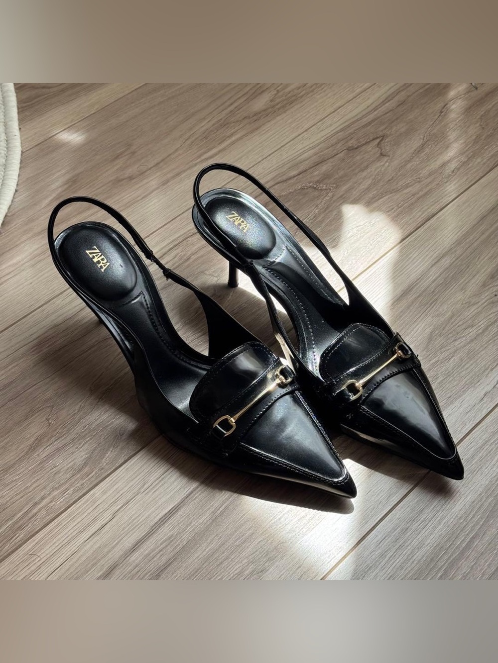 NWT Zara Black Patent Pointed Slingback Heels with Gold Hardware